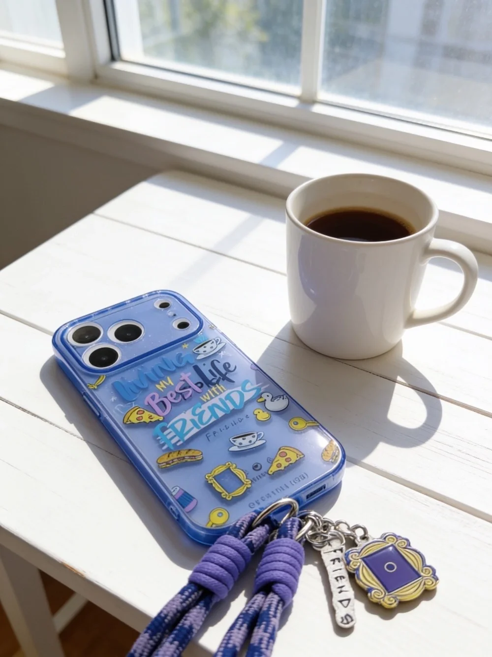 Friends TV Show iPhone 17 Pro Max Case w/ Wrist Lanyard – Purple Clear